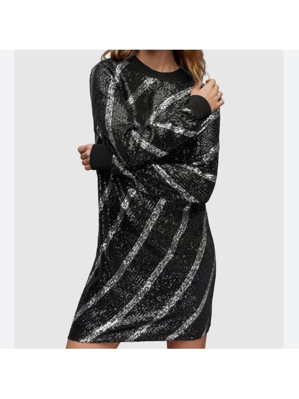 Like New All Saints Jules Sequined Dress Black Silver Generous Size XS